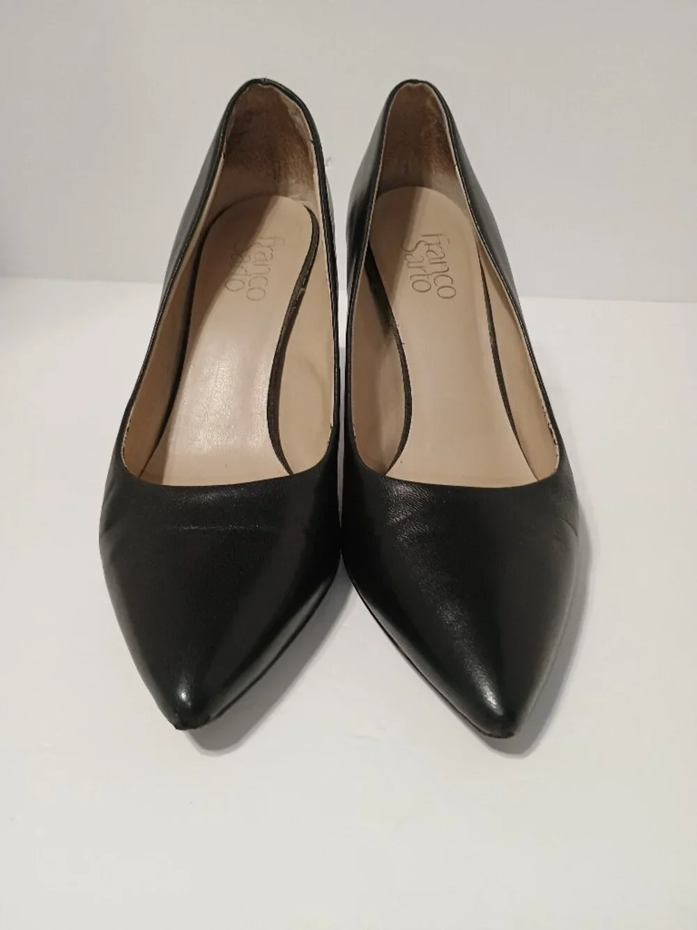 Franco Sarto Black Leather Pointed Toe Block Heel Pumps Women's US 9.5M Classic